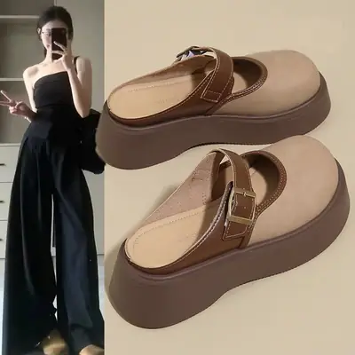 Women Brown Thick Heel Mary's Slippers 2025