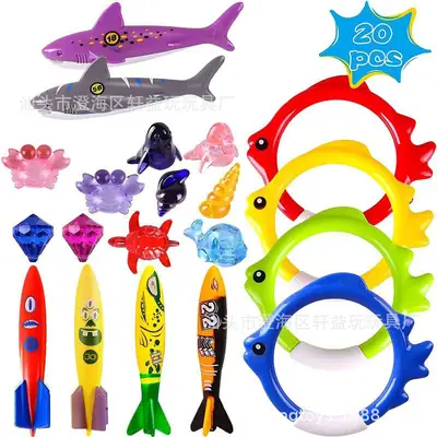 Amazon hot sale swimming pool water toys children's summer diving ring torpedo underwater treasure hunting game 20 pieces suit