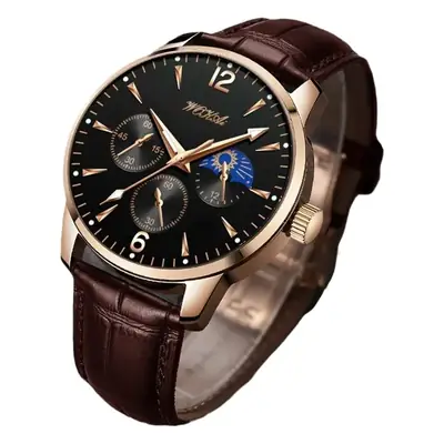 2025 Wokai Men's Leather Strap Quartz Watch with Three Eyes Design