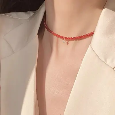 Red Floating Agate Necklace for Women Elegant Handmade