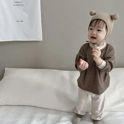 Kids Korean Style Brown Striped T-Shirt & Pants Suit