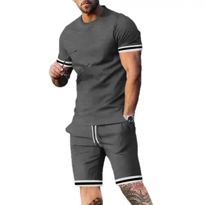 Men Navy Blue Short Sleeve Shorts Set with White Trim