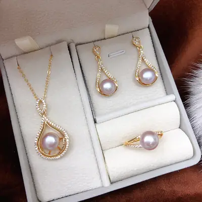 2024 Gold Pearl Necklace Earrings Ring Set for Women