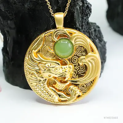 Dragon Design Jade Pendant Necklace with Gold Plating