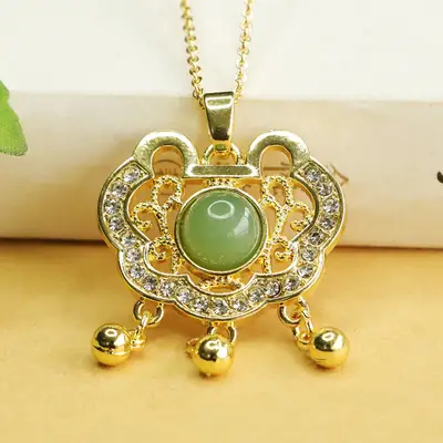 Aiyu Jade Pendant Necklace Gold Vintage Ruyi Lock Design