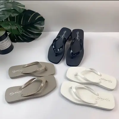 Women Square Toe Flat Flip Flops Summer Navy White Grey