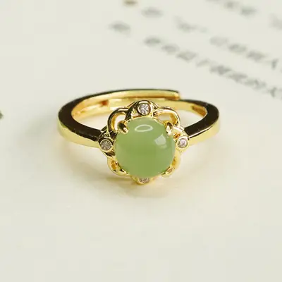 Aiyu Jade Petal Ring Green Gemstone Gold Plated