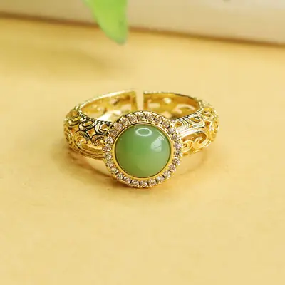 Jasper Ring with Green Jade Stone Gold Plated