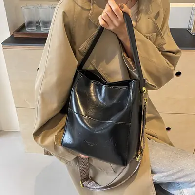 Brown Leather Bucket Bag with Wide Strap for Women