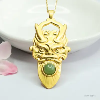 Guan Yu Dragon Head Jade Pendant Necklace Gold Green
