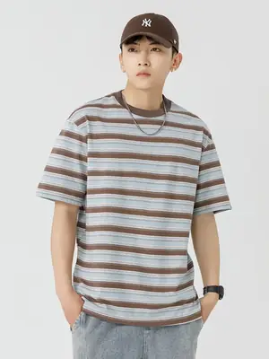 Men Striped T-Shirt Brown Grey Casual Summer