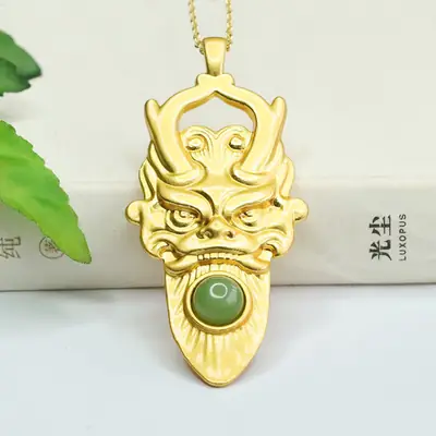 Golden Dragon Head Pendant with Green Jade Stone