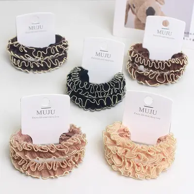 Black Embroidered Korean Style Hair Rope with Lace Detail