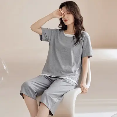100% cotton pajamas women's short-sleeved cropped pants Korean summer New loose casual student home wear suit thin