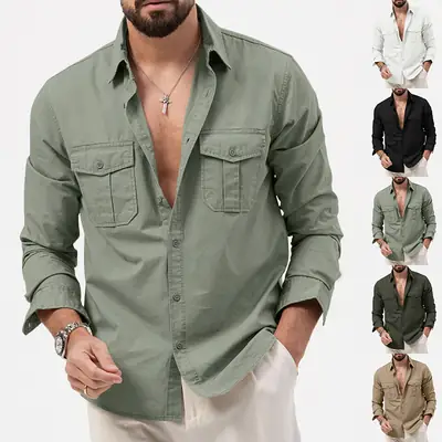 Men Olive Green Button Down Shirt with Multi-Flap Pockets