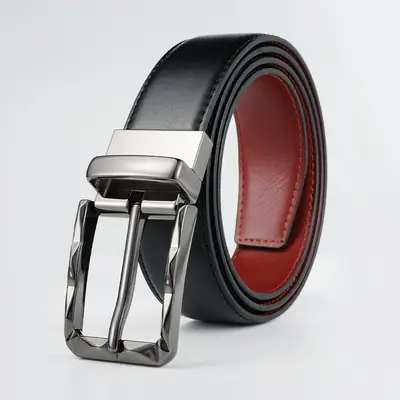 Men's Rotatable Pin Buckle Belt Black Red Leather