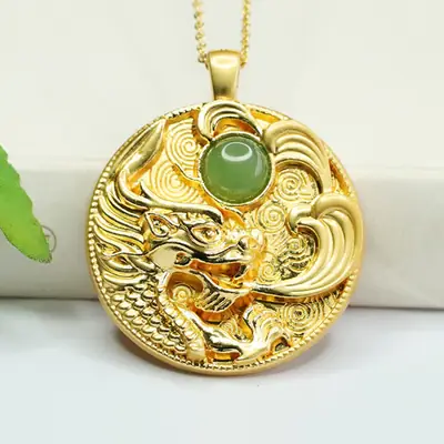 Dragon Etched Jade Pendant Necklace for Women