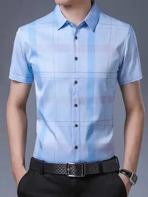 Men Plaid Short Sleeve Shirt Blue Light Lapel