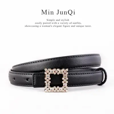 Women's Black Rhinestone Square Belt with Genuine Leather