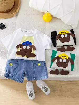 2024 Boys Cotton T-Shirt Suit Korean Cartoon Shorts