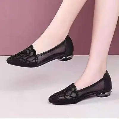Women's Black Mesh Sandals with Embroidered Design