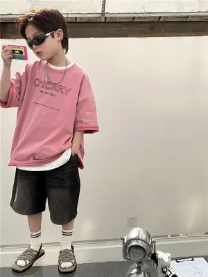 2026 Spring Boys T-Shirt Cherry Graphic Distressed Soft Cotton