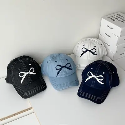 Blue Embroidered Bow Baseball Cap for Women