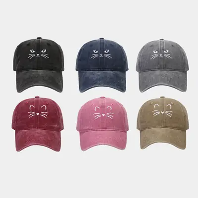 Women Cat Embroidered Caps, Black Brown White