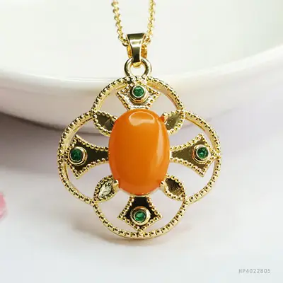 Guan Yu Amber Pendant Necklace with Green Stones
