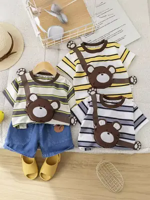 Girls Cotton Striped Shorts Bear Bag Suit 1-5Y