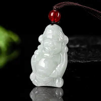Natural Burma Jade God of Wealth Pendant Light Green