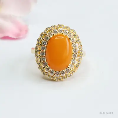 Natural Amber Ring with Crystal Border for Women