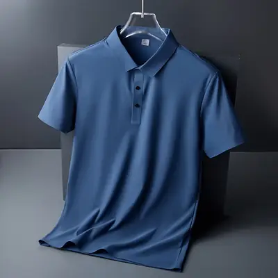 Men Blue Ice Silk Polo T-Shirt Short Sleeve