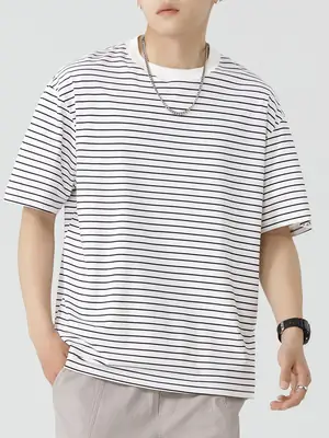 Qi Haipeng Striped T-Shirt Brown Striped Couple Wear Summer