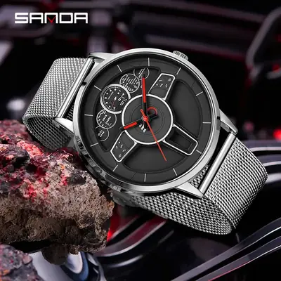 Men's Stereo Cut Out Quartz Watch with Stainless Steel Band