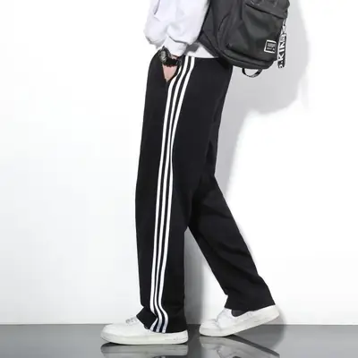 Men Velvet Leggings Three Stripe Black Sweatpants
