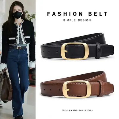 Women's Black Genuine Leather Belt with Gold Buckle