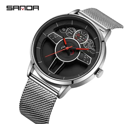 Sanda Men's Black Mesh Belt Quartz Watch with 6-Hand Dial