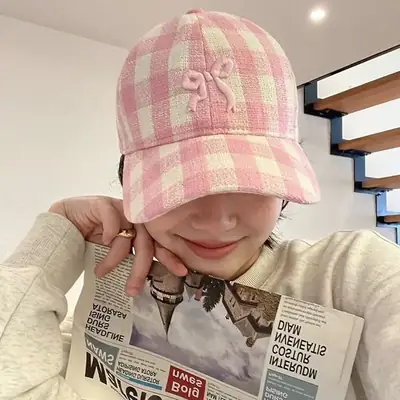 Pink Plaid Bow Denim Cap for Women Large Head Circumference