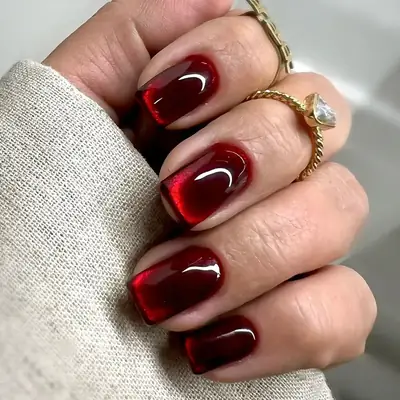 Red Solid Blood Red Cat Eye Manicure European Square Short Wearable Nails