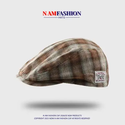 Japanese Retro Plaid Men's Peaked Cap Brown Beige