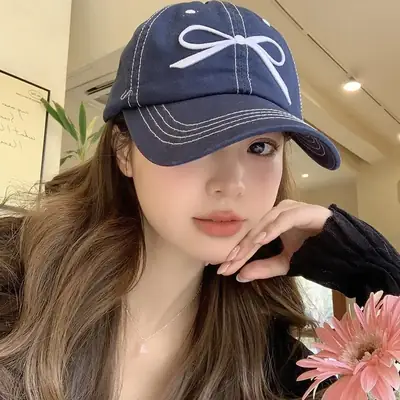 Women Embroidered Bowknot Cap Wide Brim Blue 2024