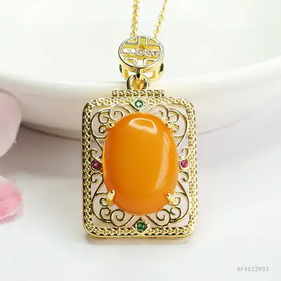 Natural Amber Pendant Necklace Gold Plated