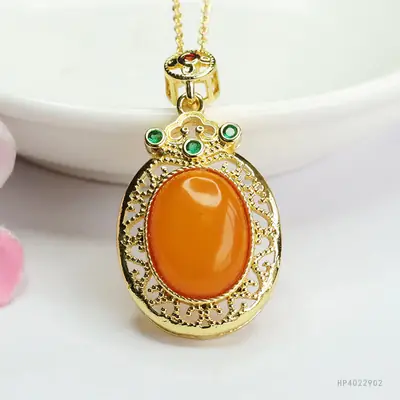Natural Amber Pendant Necklace for Women Gold Plated