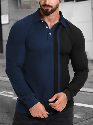 Men Long Sleeve Polo Shirt Blue Black Striped 2024