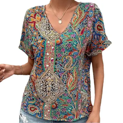 Amazon European and American Women's Batwing Sleeve Short-Sleeve Western Style Trendy Printed Loose Top Versatile Retro Style