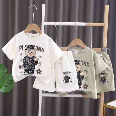 Boys Cartoon T-Shirt Shorts Set White Green Round Neck Summer