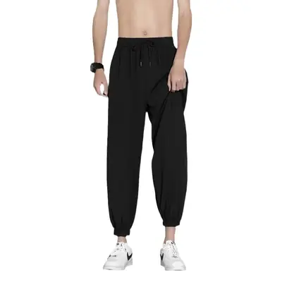 Men Ice Silk Ankle Pants Grey Loose Summer