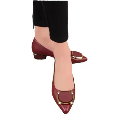 Women's Maroon Leather Pointed Heel Slip-On Shoes