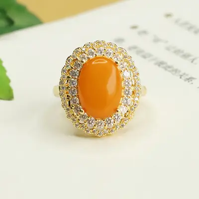 Aiyu Natural Amber Ring Gold Plated Old Honey Wax Style